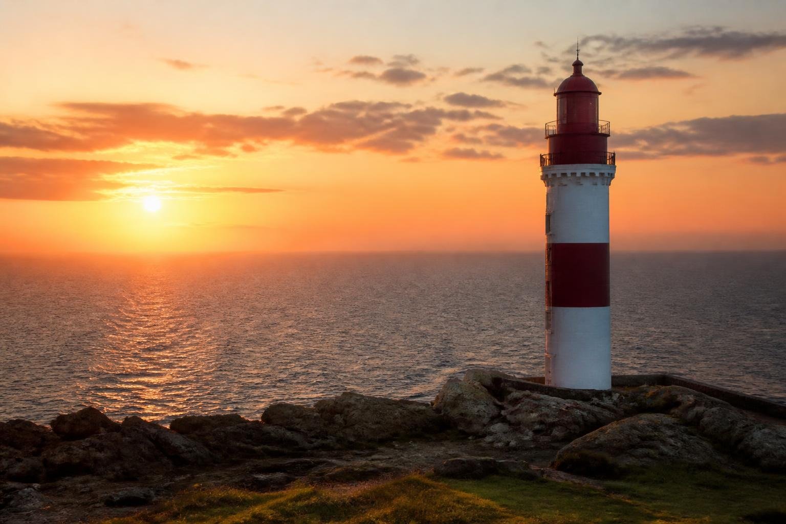 Phare breton blanc et rouge se dressant face à l'océan au coucher de soleil