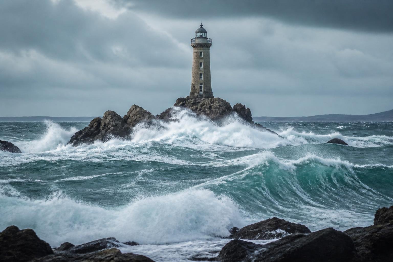Phare isolé sur un rocher face aux vagues de l'Atlantique, illustrant l'exposition et la robustesse de ces structures